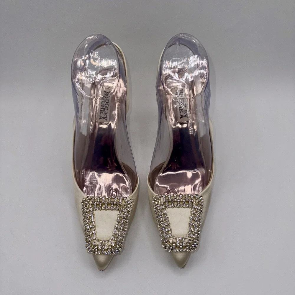 Badgley Mischka Enida Rhinestone Slingback Heels Women's Size 6‎ Champagne Satin